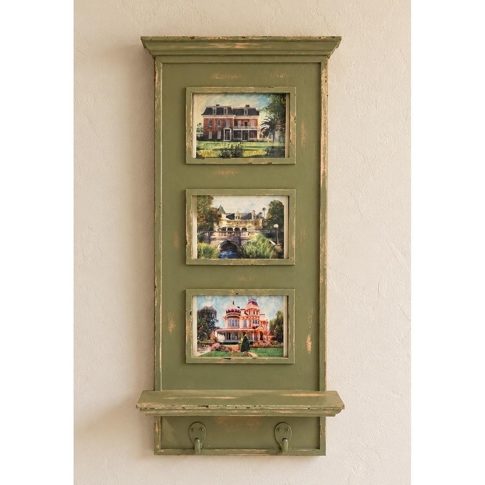 Vertical Wood Picture Frame Distressed Green with Shelf & Hooks Wall Decor VTG
